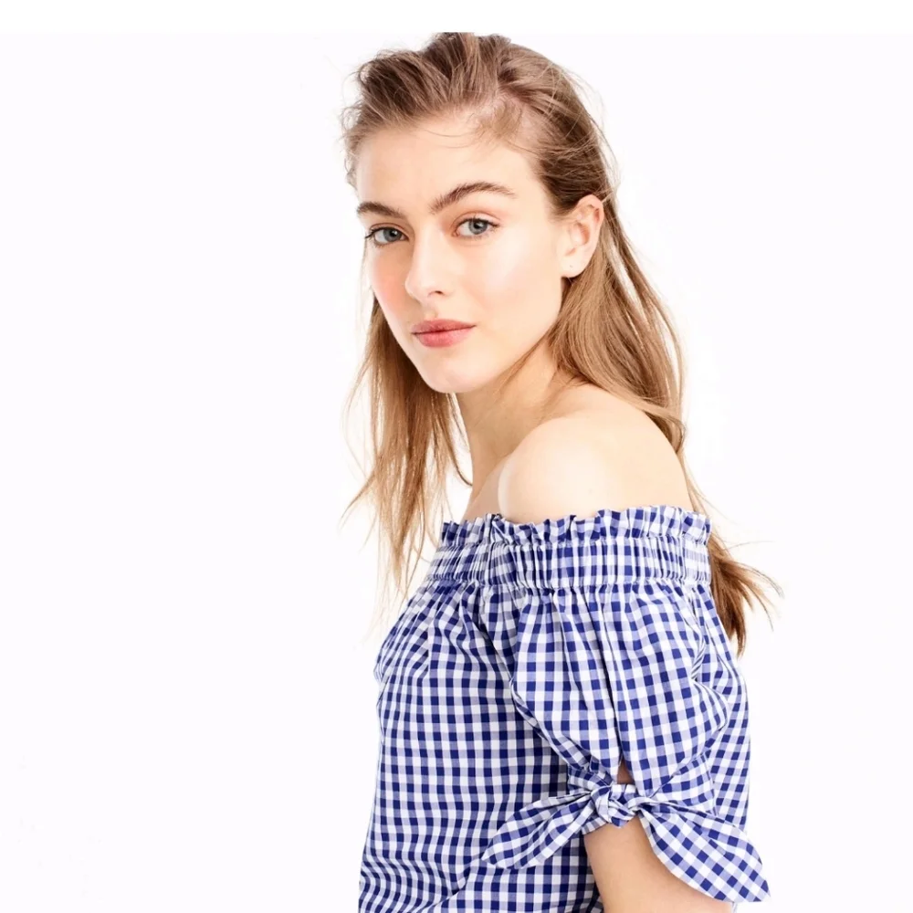J.Crew Off the Shoulder Top in Gingham Blue Sapphire White Cotton Tie Knots